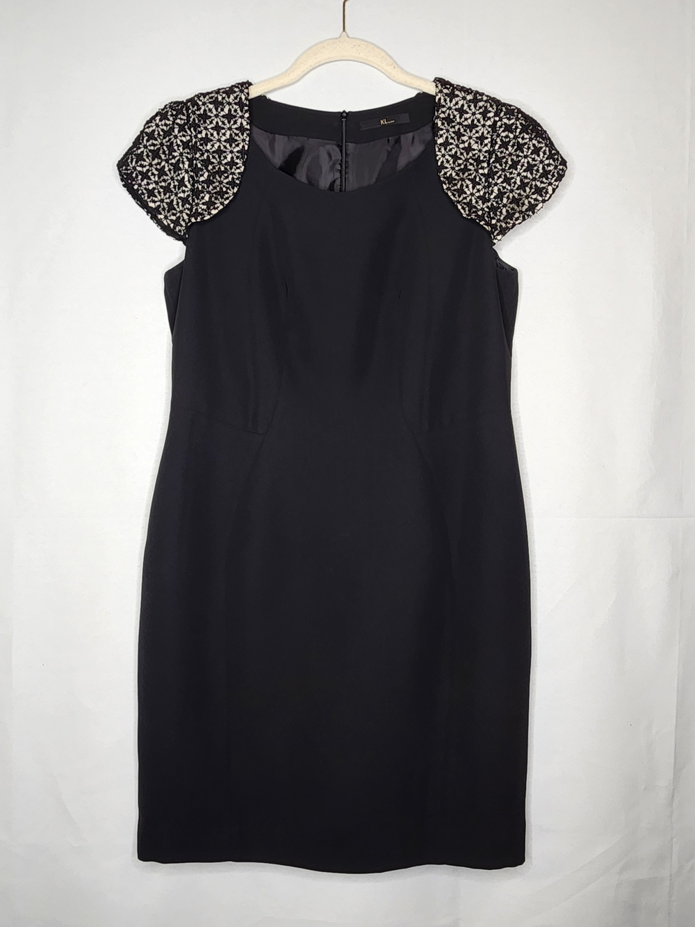 Black Midi Sheath Dress with Embellished Cap Sleeves